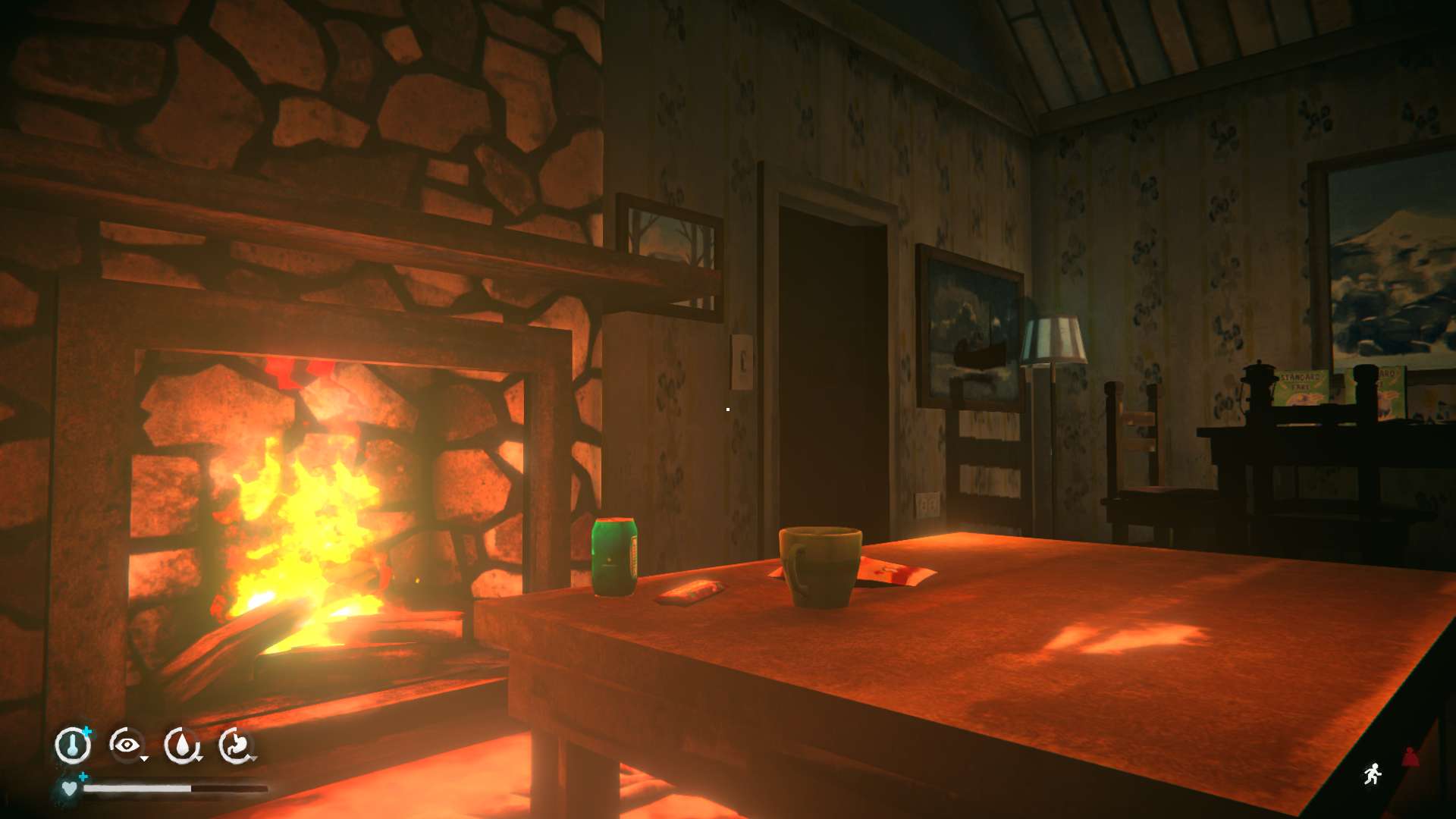 Скриншот игры The Long Dark, комната с камином